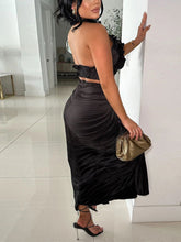 Ruffle Hem Top Ruched Slit Skirt Set